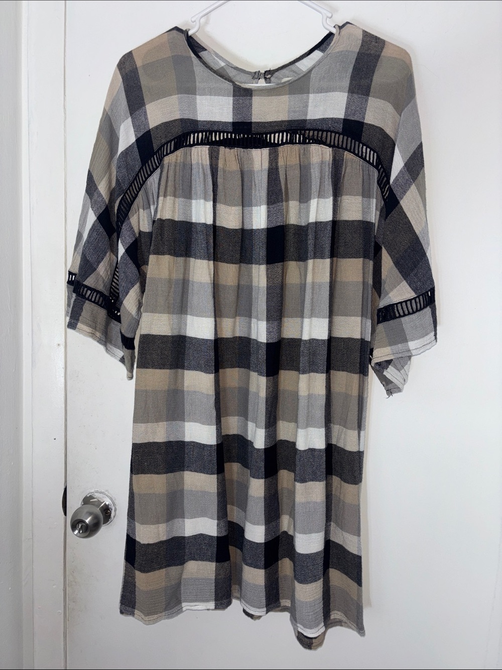 Maeve Beige Black Gray White Plaid Mini Shift Dress